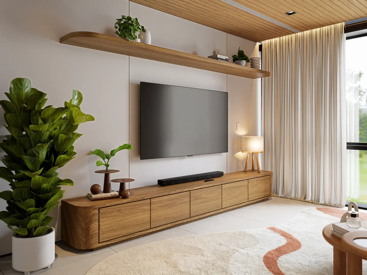 Sala de estar com painel de madeira