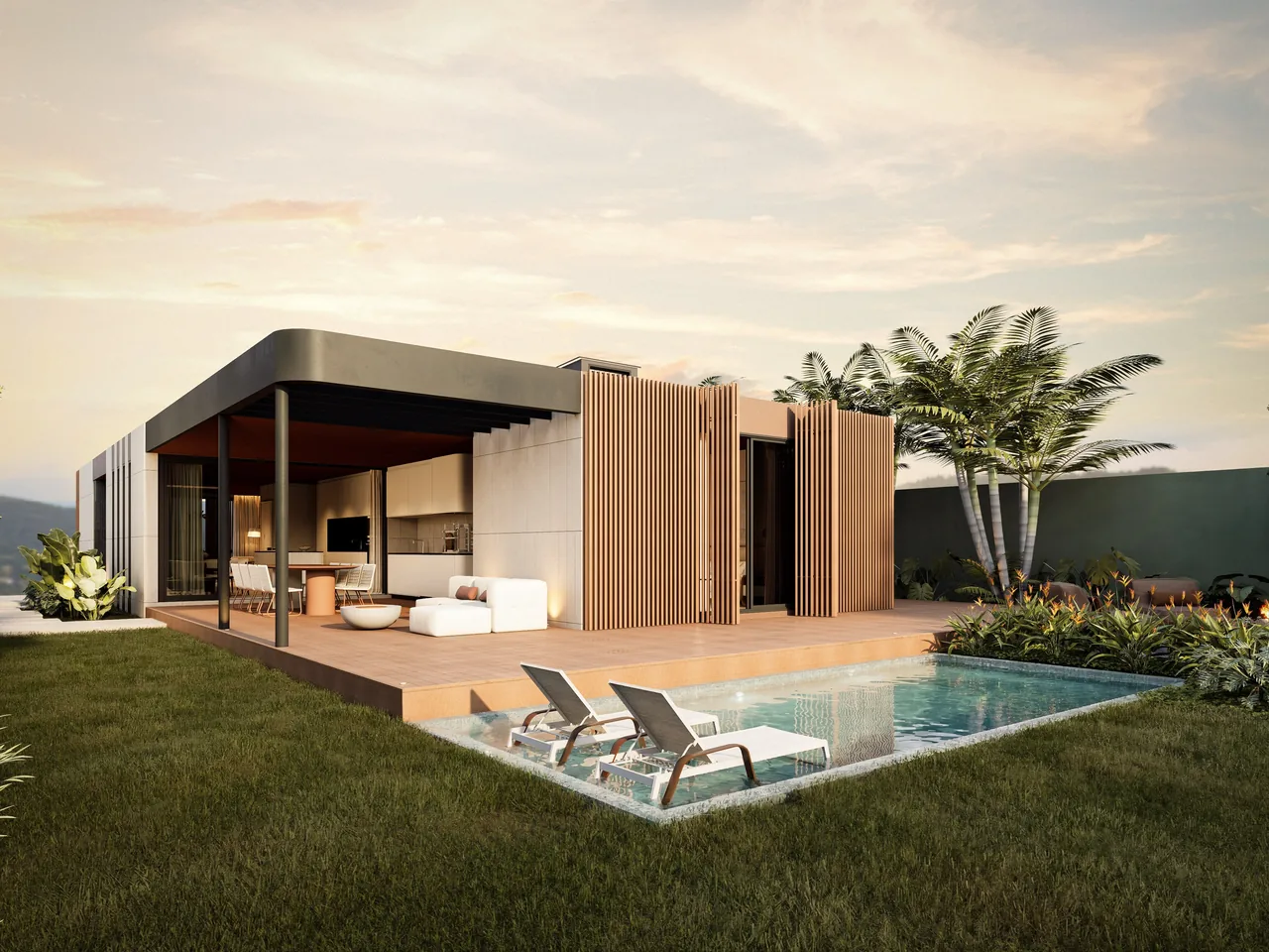 Volumes da casa vistos do jardim com piscina
