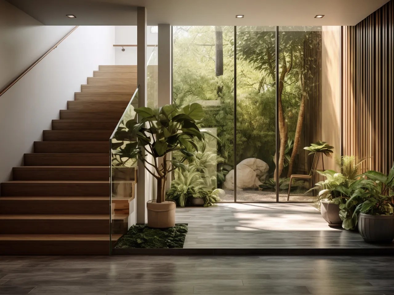 Living com painel de madeira e área de estar ampla
